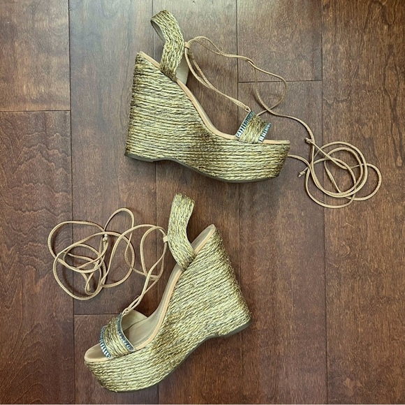 Schutz Natural Desert Aveline Lace Up Wedge Espadrilles Sandals Size 8.5 - Picture 3 of 16